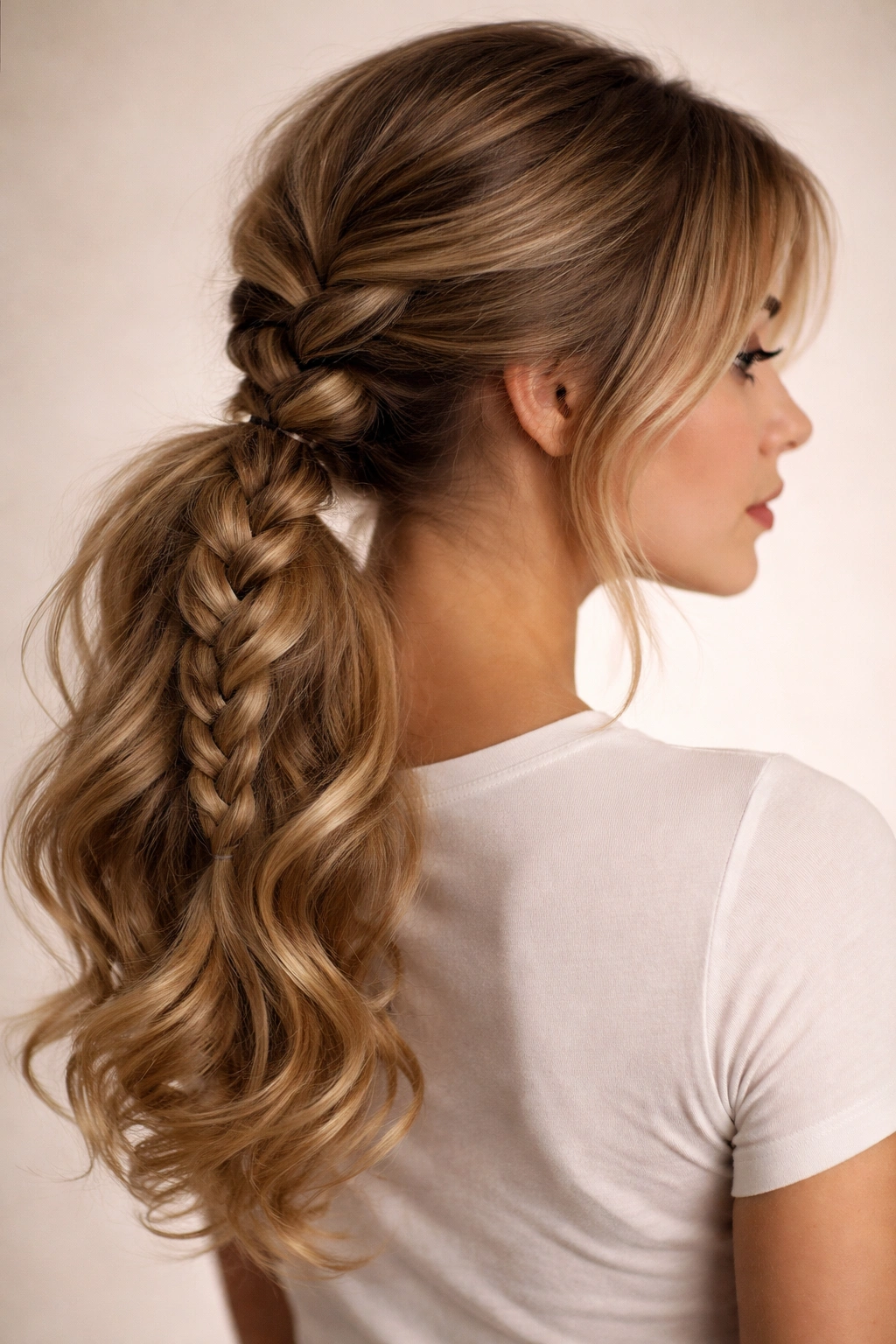 Braided ponytail with curled ends for movement and contrast