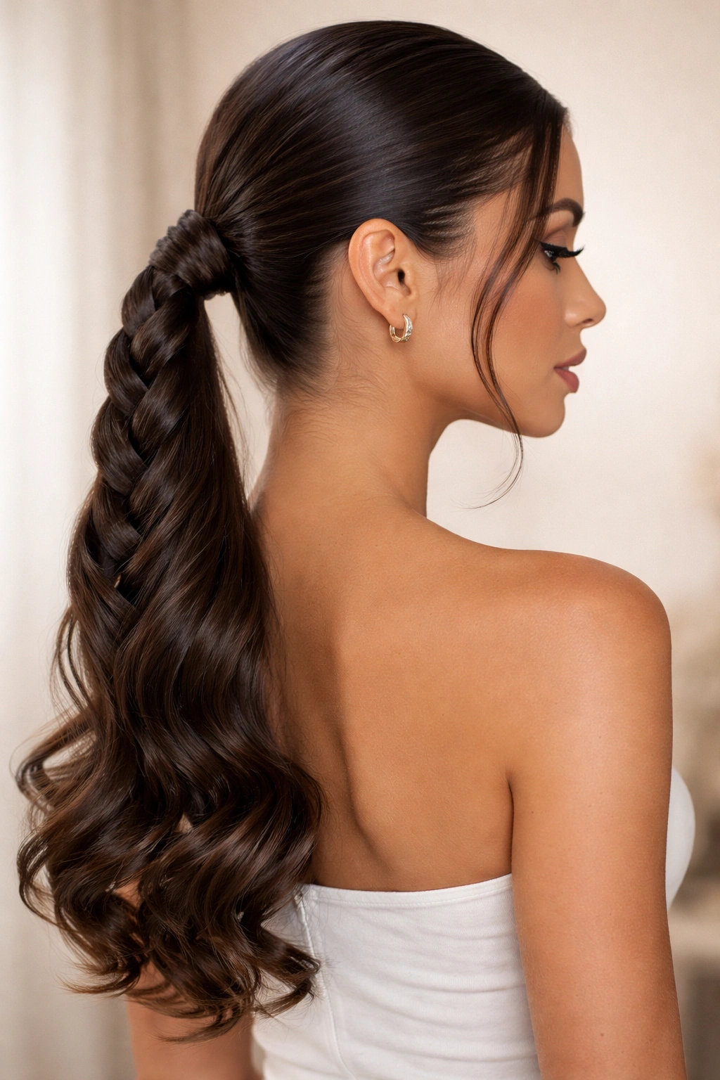 Ponytail with a tight braid and curled ends