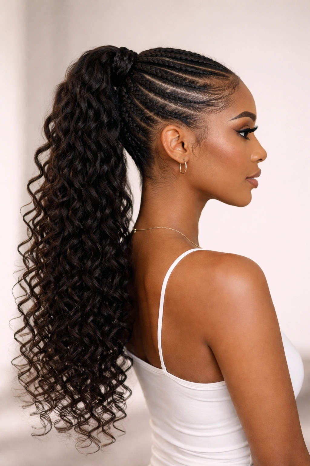 Sleek braided ponytail with long curly ends cascading from the ponytail base
