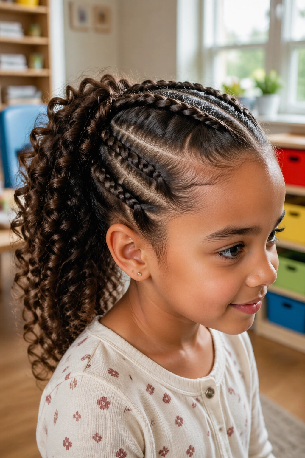 Close-up of a child with crown braids feeding into a ponytail.