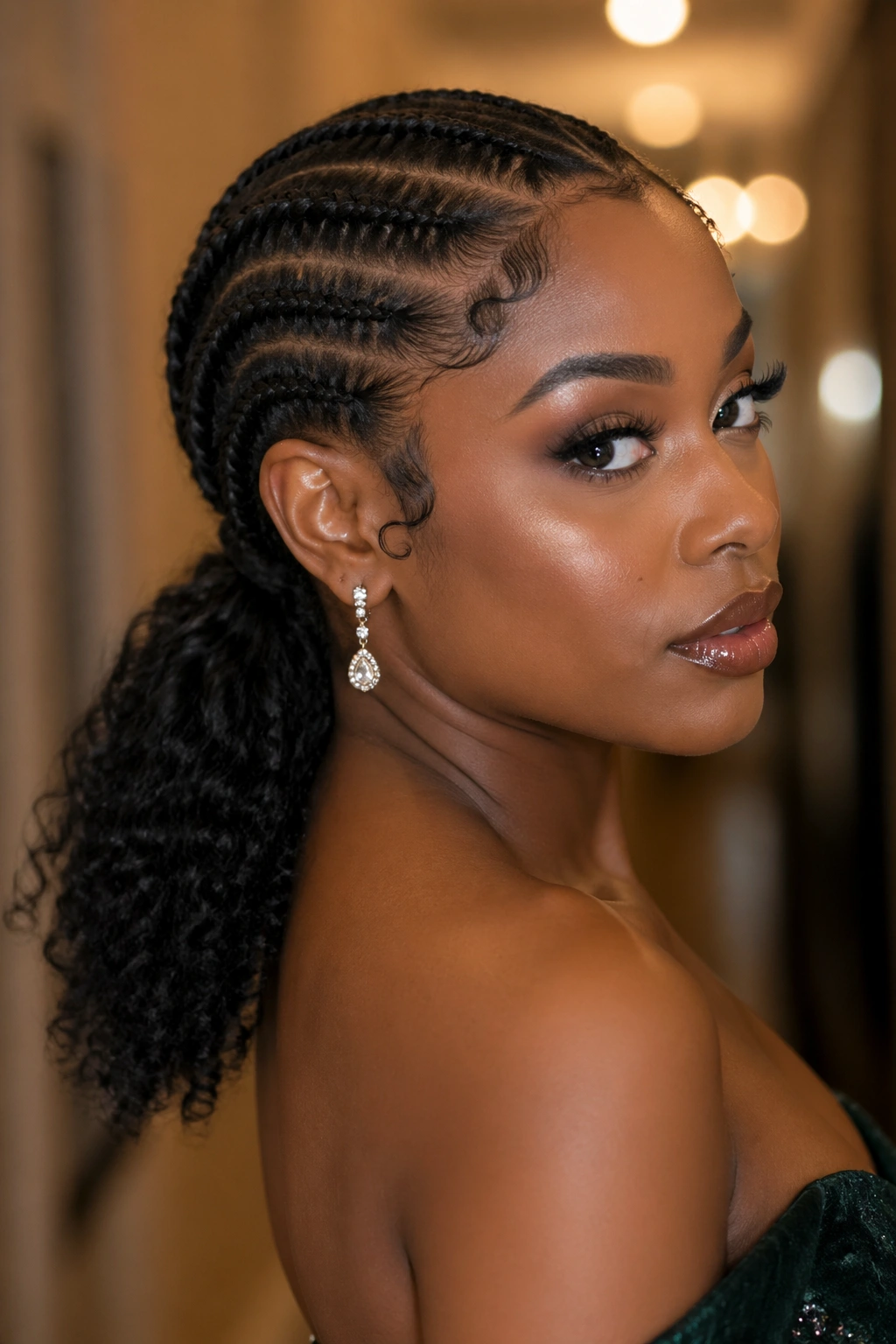 Real woman with a braided ponytail and curly ends