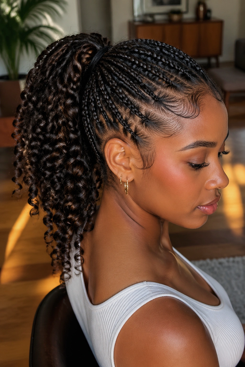 Close-up of a braided ponytail with curly ends on a real woman in a sunlit living room