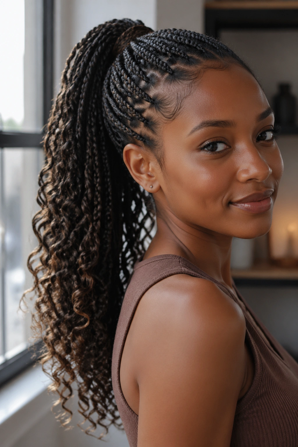 Portrait of a real person with a braided ponytail and curly ends