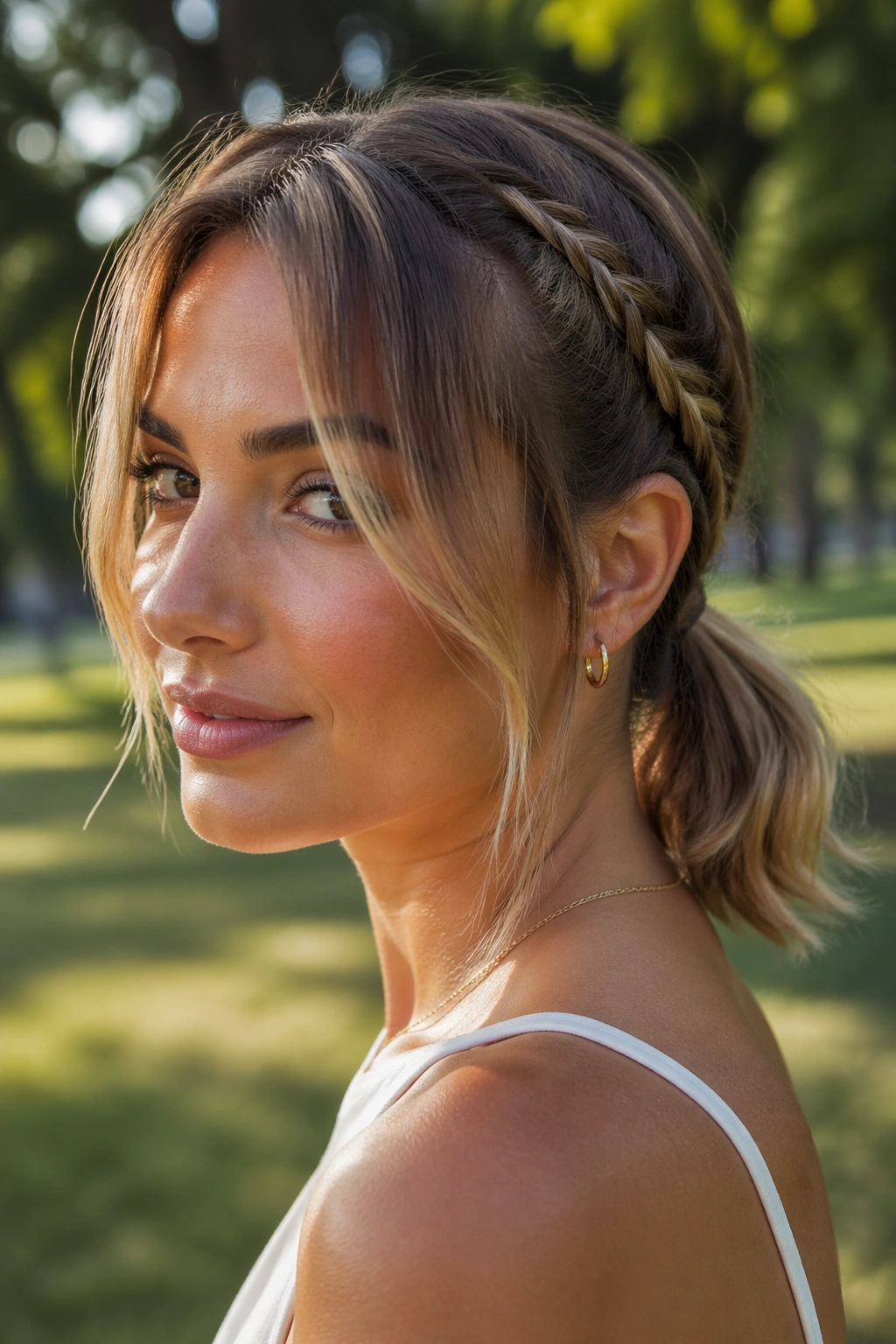 Close-up of a real woman's head with braids feeding into a ponytail and soft curtain bangs.