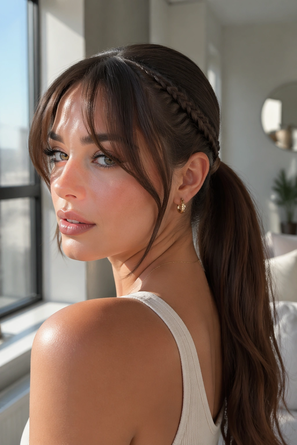 Portrait of a real woman with a braid integrated into a ponytail and curtain bangs in bright natural light