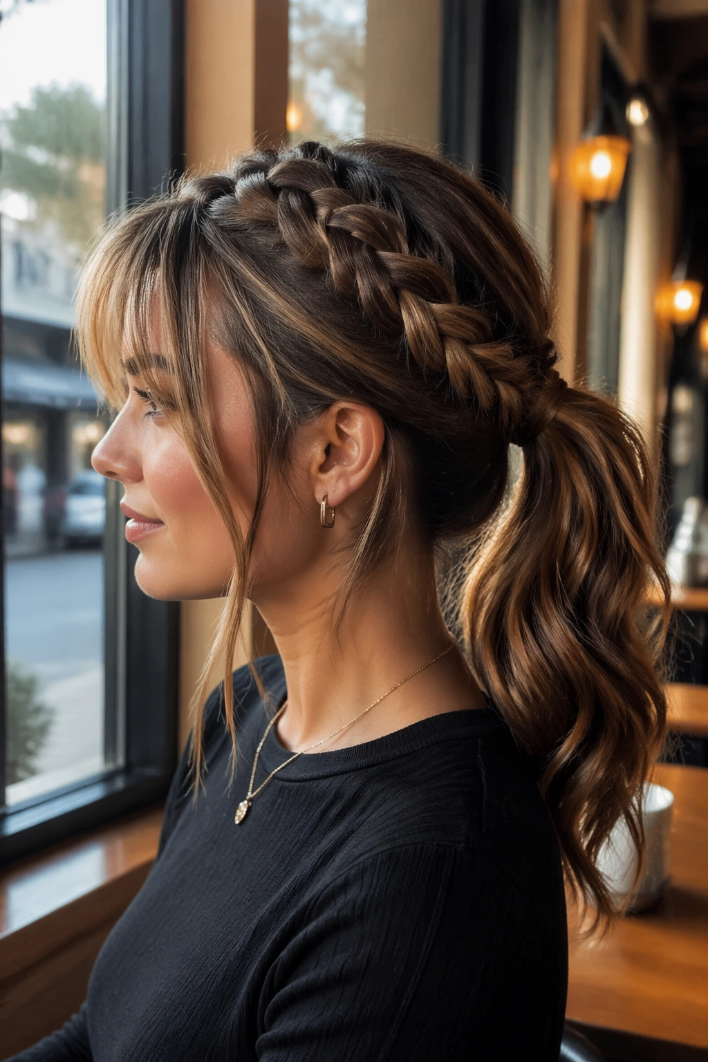 Side-profile braid ponytail with curtain fringe in cafe light