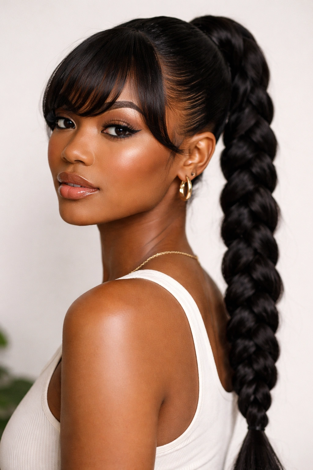 Braided ponytail with soft curved bangs: back braid with curved bangs framing the forehead.