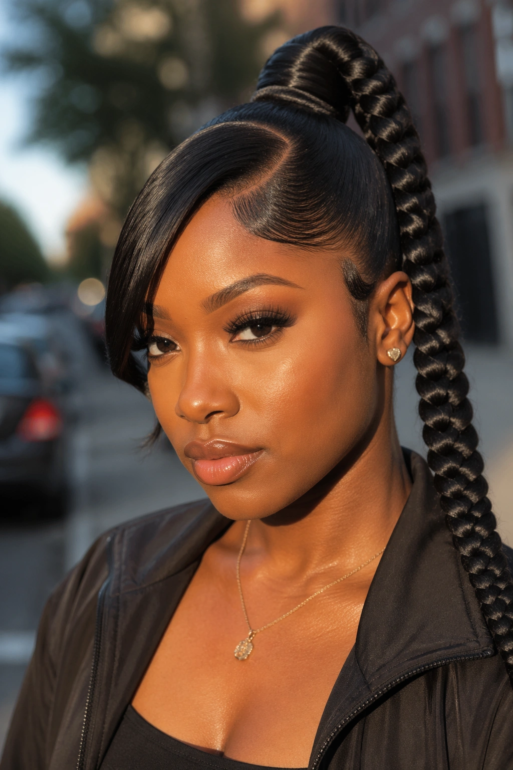 Close-up of a real Black woman with a braided high ponytail and deep side part