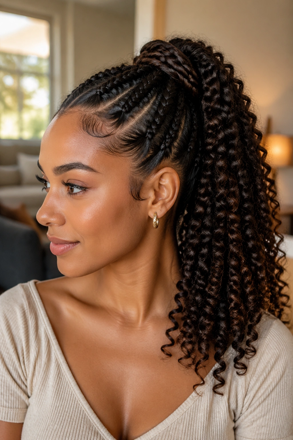 Close-up portrait of a real woman with a braided ponytail and defined ringlets under natural window light