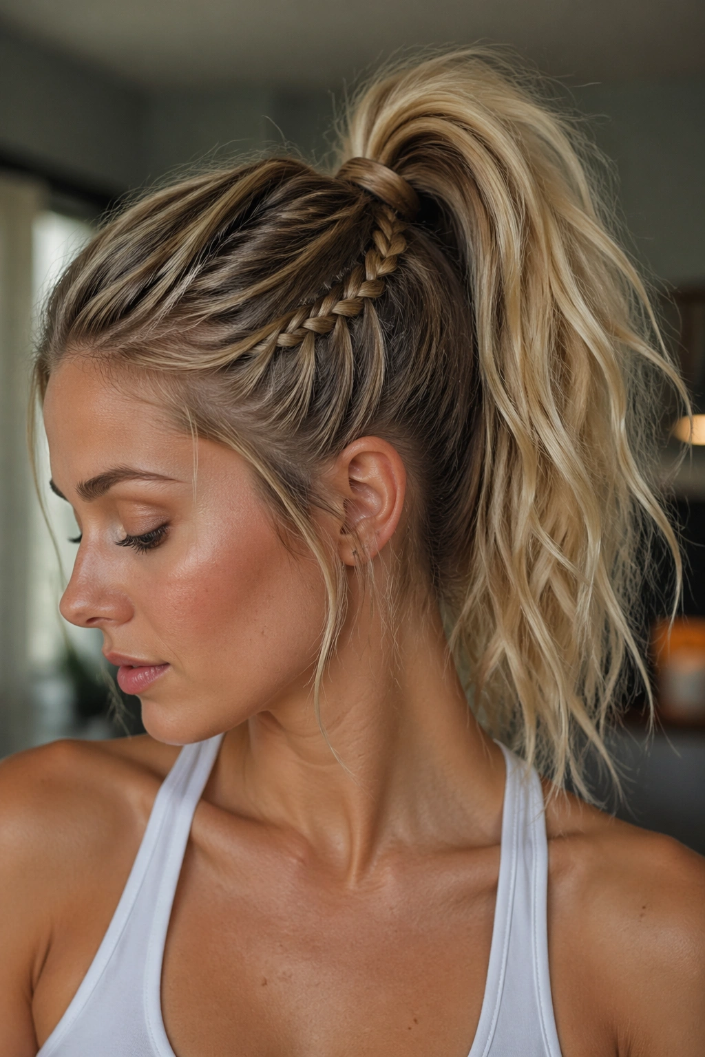 Braided detail high ponytail close-up portrait on real woman