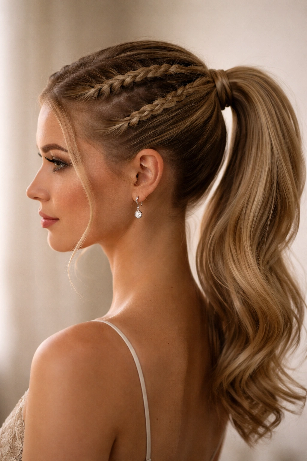 Dutch braids at temples joining into a mid-height pony