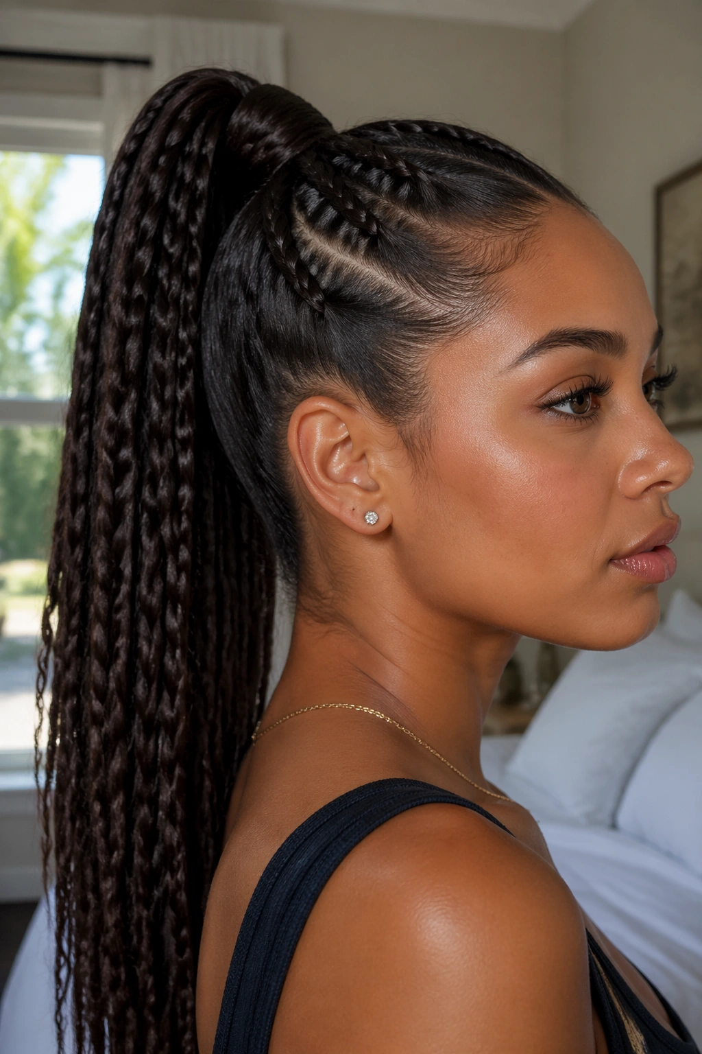 Close-up of a real woman wearing Braided High Ponytail Extension with a braided base