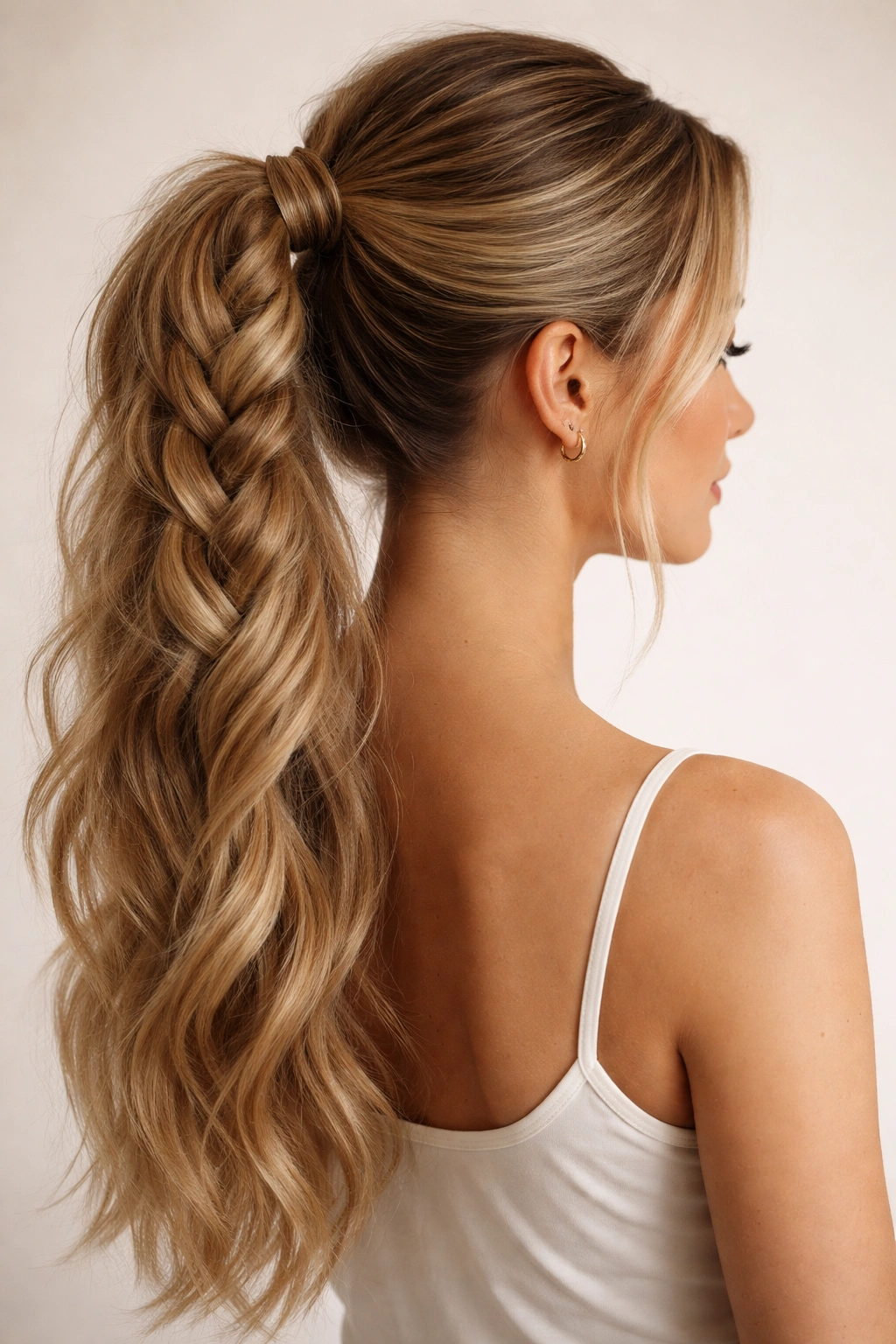 Long braided ponytail with seamlessly blended extensions.