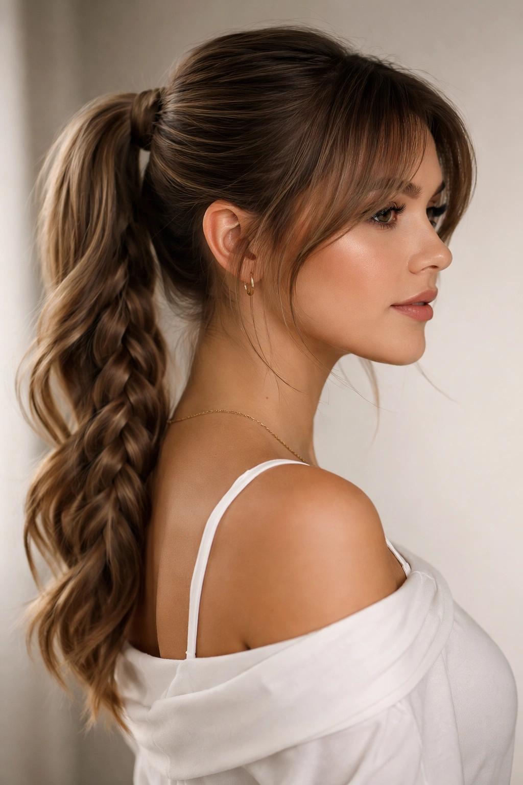 Braided ponytail with face-framing bangs