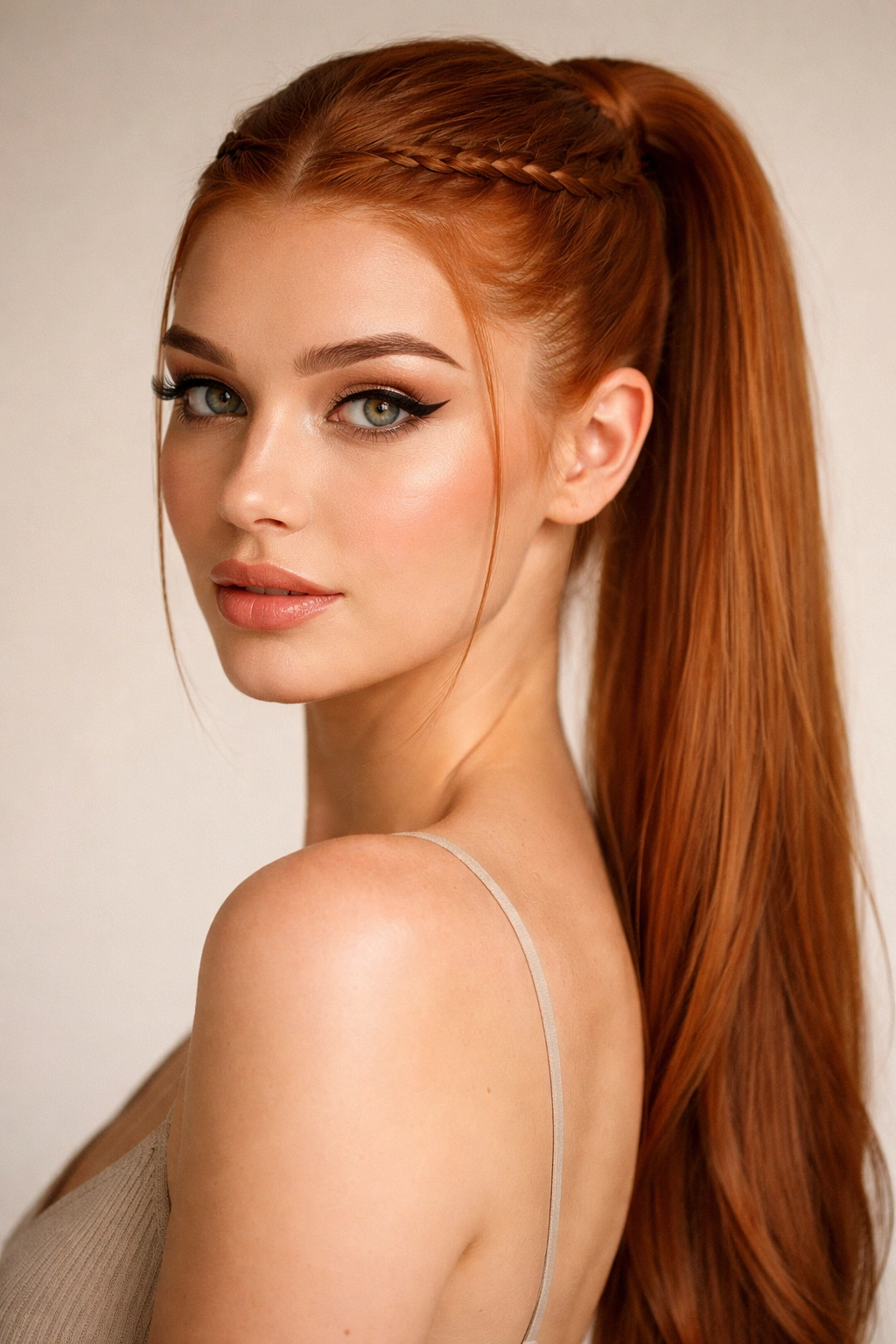 Close-up of a ginger ponytail with a thin crown braid framing the sleek, straight tail
