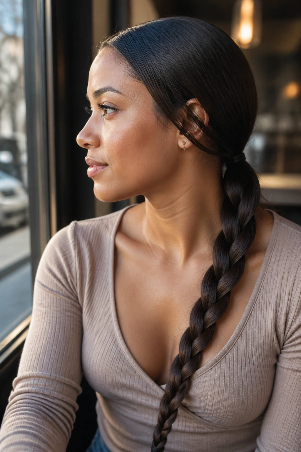 Close-up of a woman with a low ponytail braided in a classic three-strand braid
