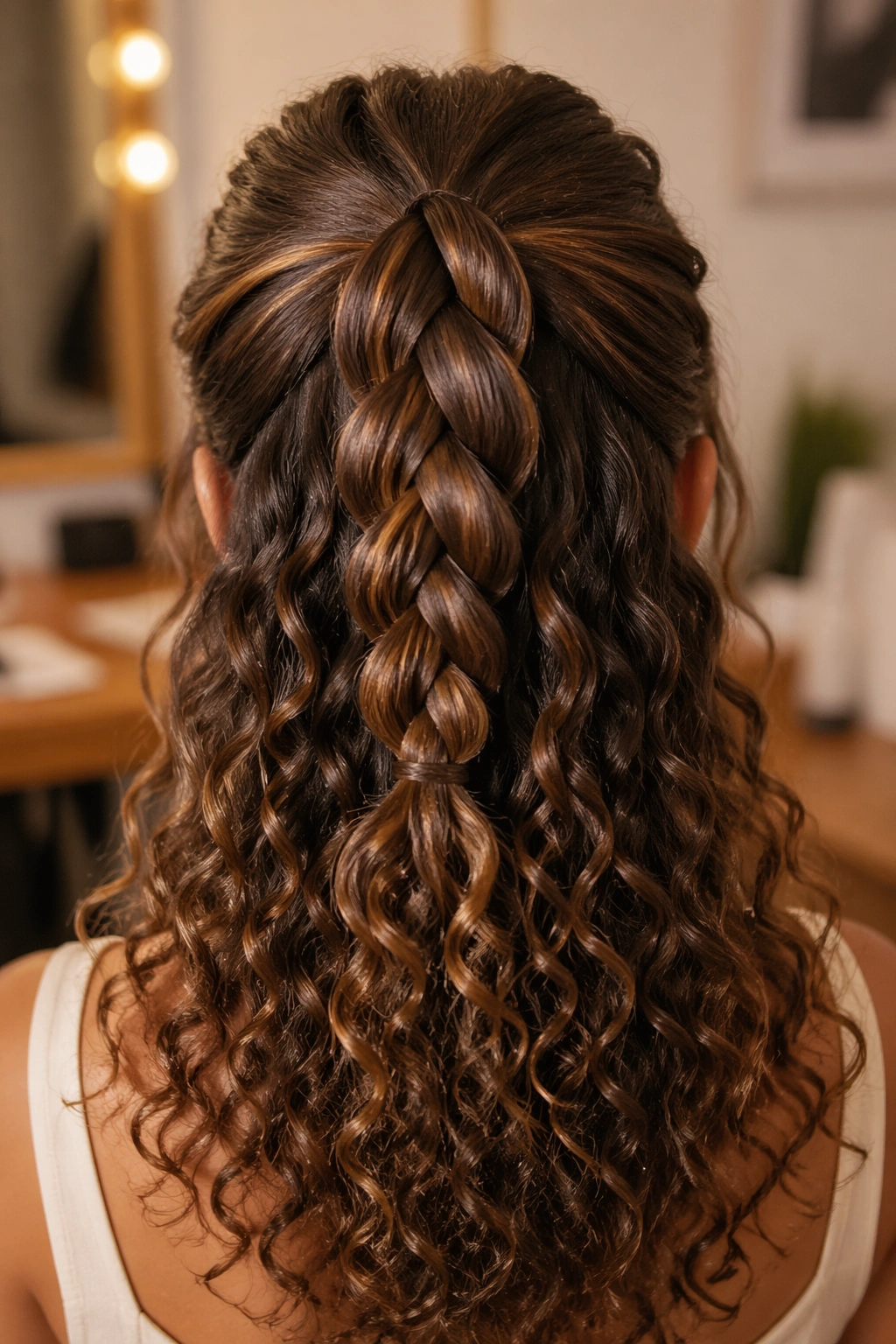 Woman with braided half-up ponytail and loose curls surrounding it