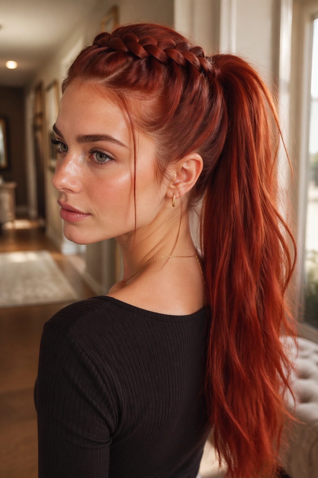 Close-up of a real woman with braided-into-pony hybrid red hair