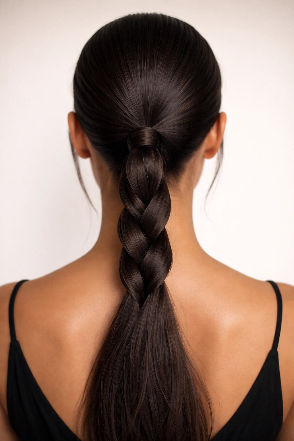Close-up of a sleek low braided ponytail with a centered knot detail at the crown