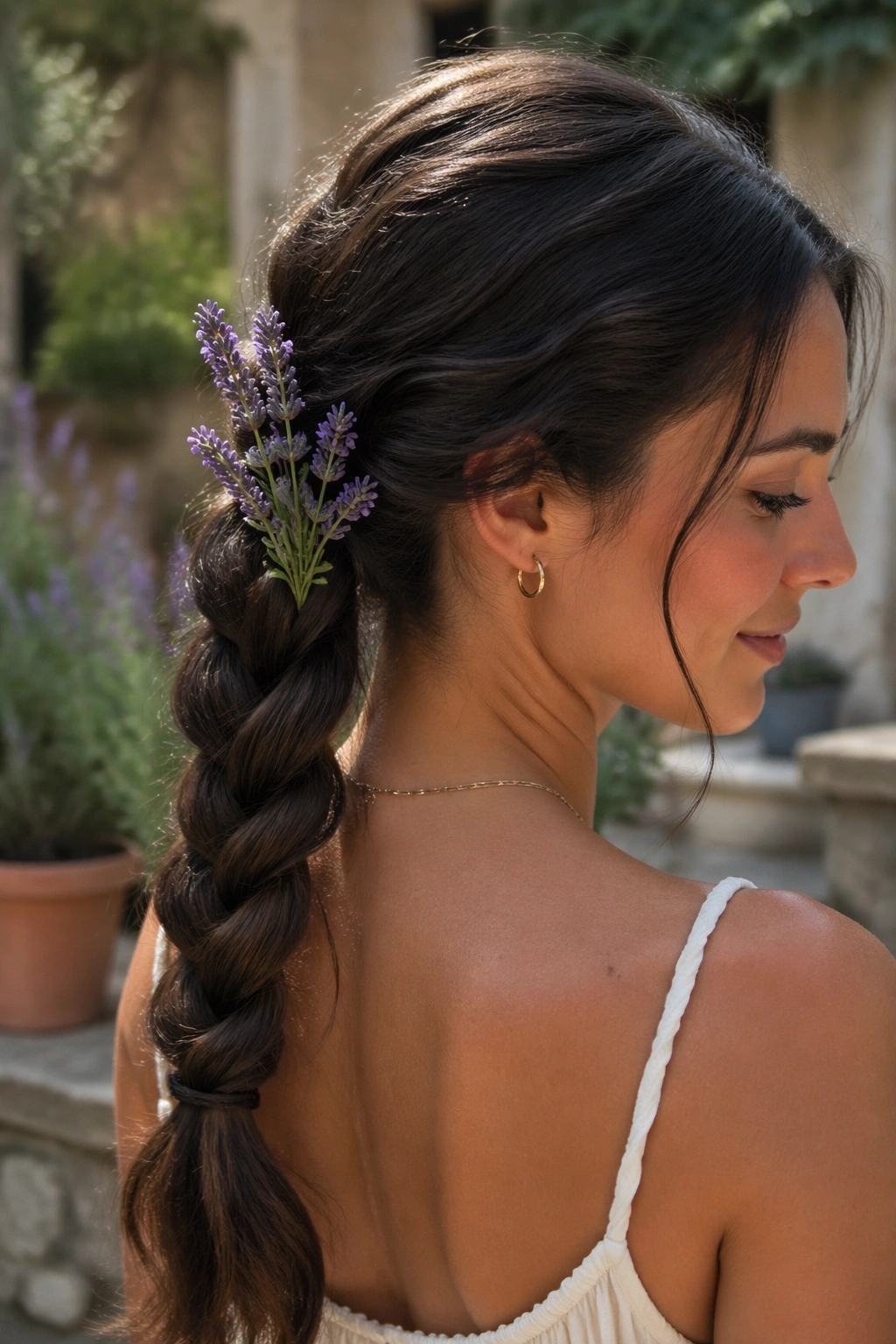 Close-up of a braided ponytail adorned with lavender sprigs in a garden setting.