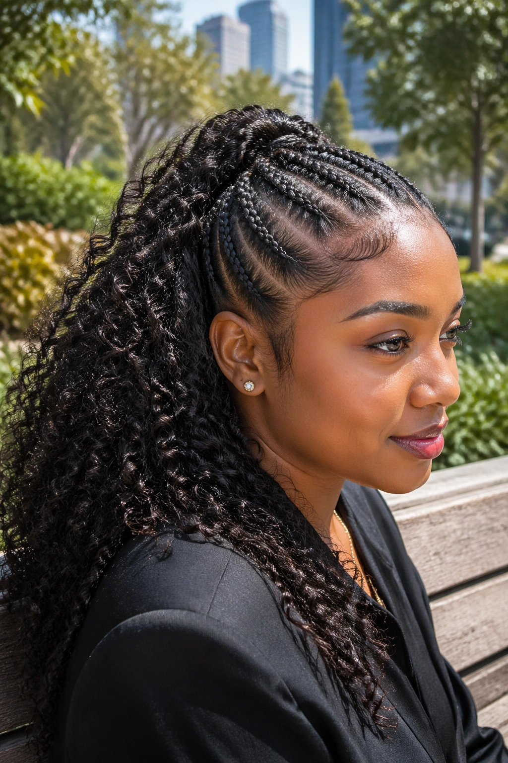 Close-up of a real woman with a braided ponytail and loose curled length