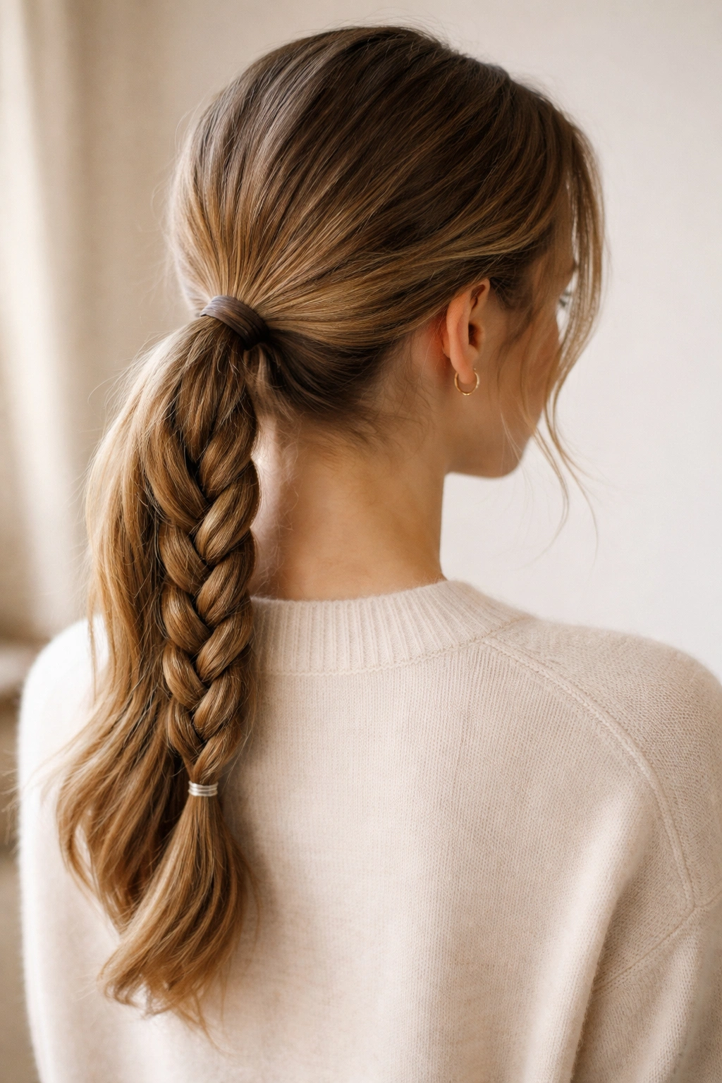Braided low ponytail with a simple three-strand braid