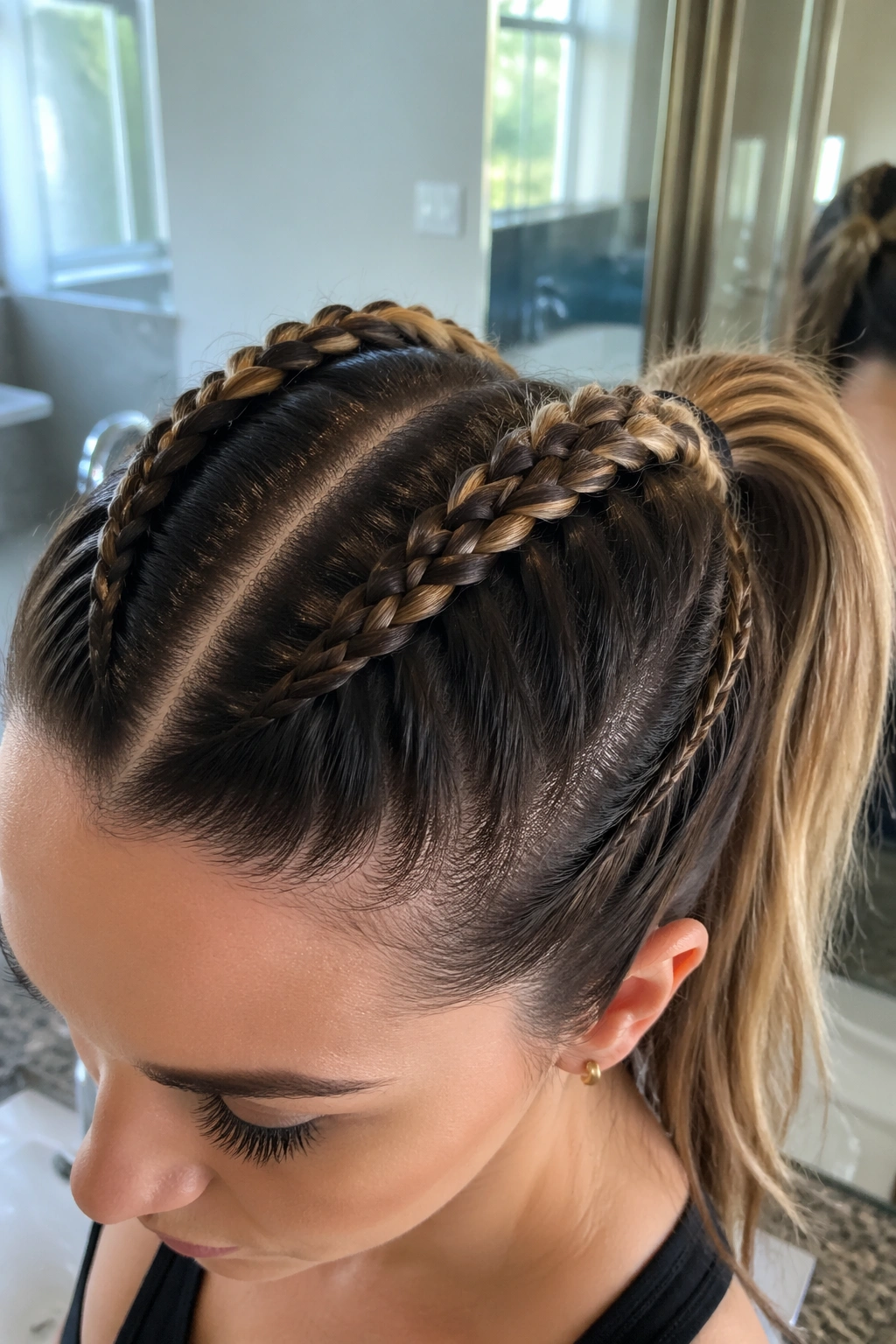Close-up of boxer braid ponytail with ombre ends in a softly lit bathroom.