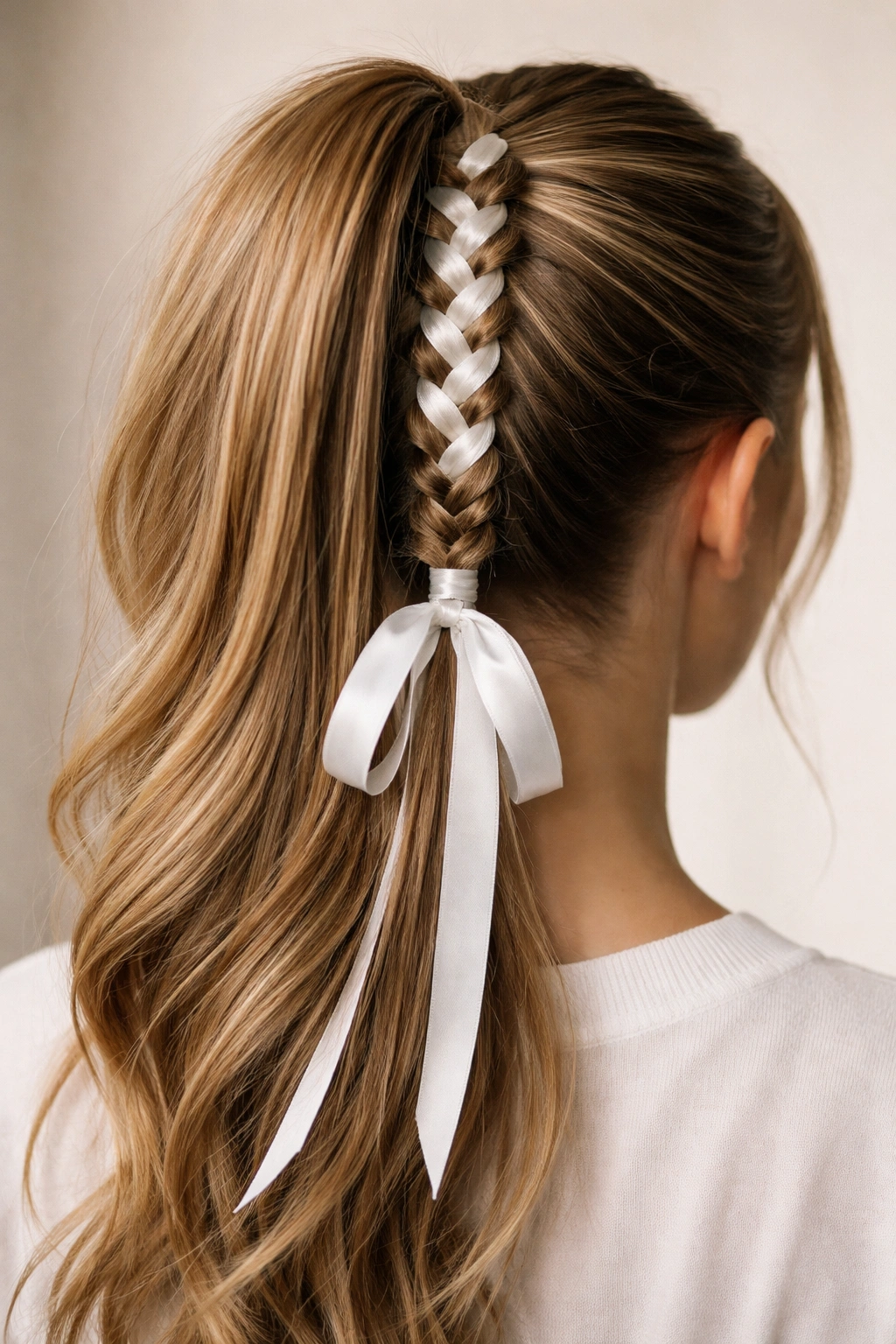 Braided base high ponytail with ribbon woven through the braid in studio