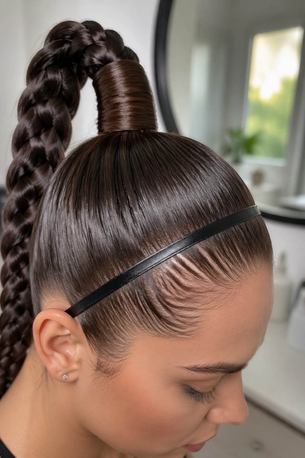 Close-up of sleek high braided ponytail with skinny satin headband.