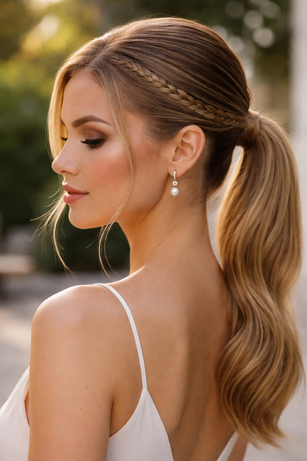 Side-accent braid integrated into a ponytail on a real person.
