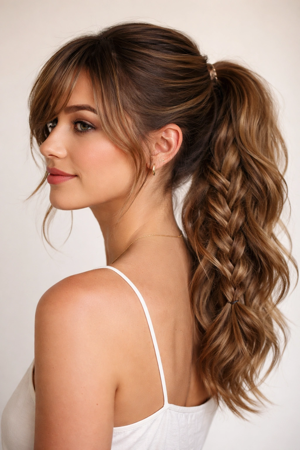 Braided ponytail with side-swept bangs showing braided strand and soft front framing