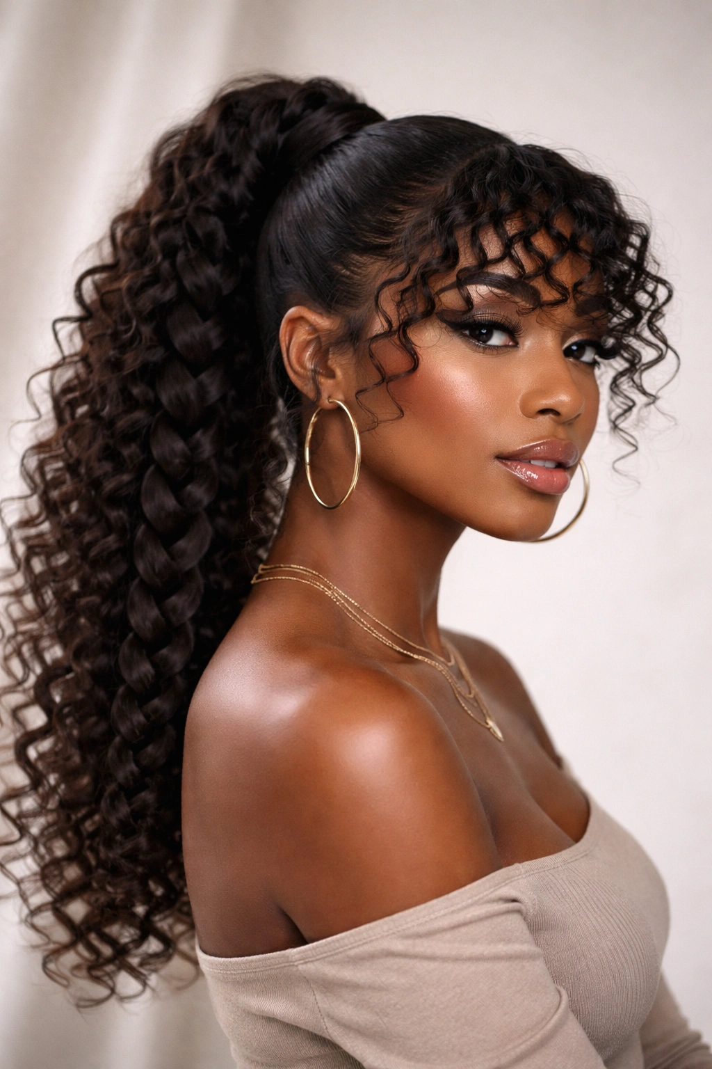 Ponytail with braided base and spiral curly bangs framing the face