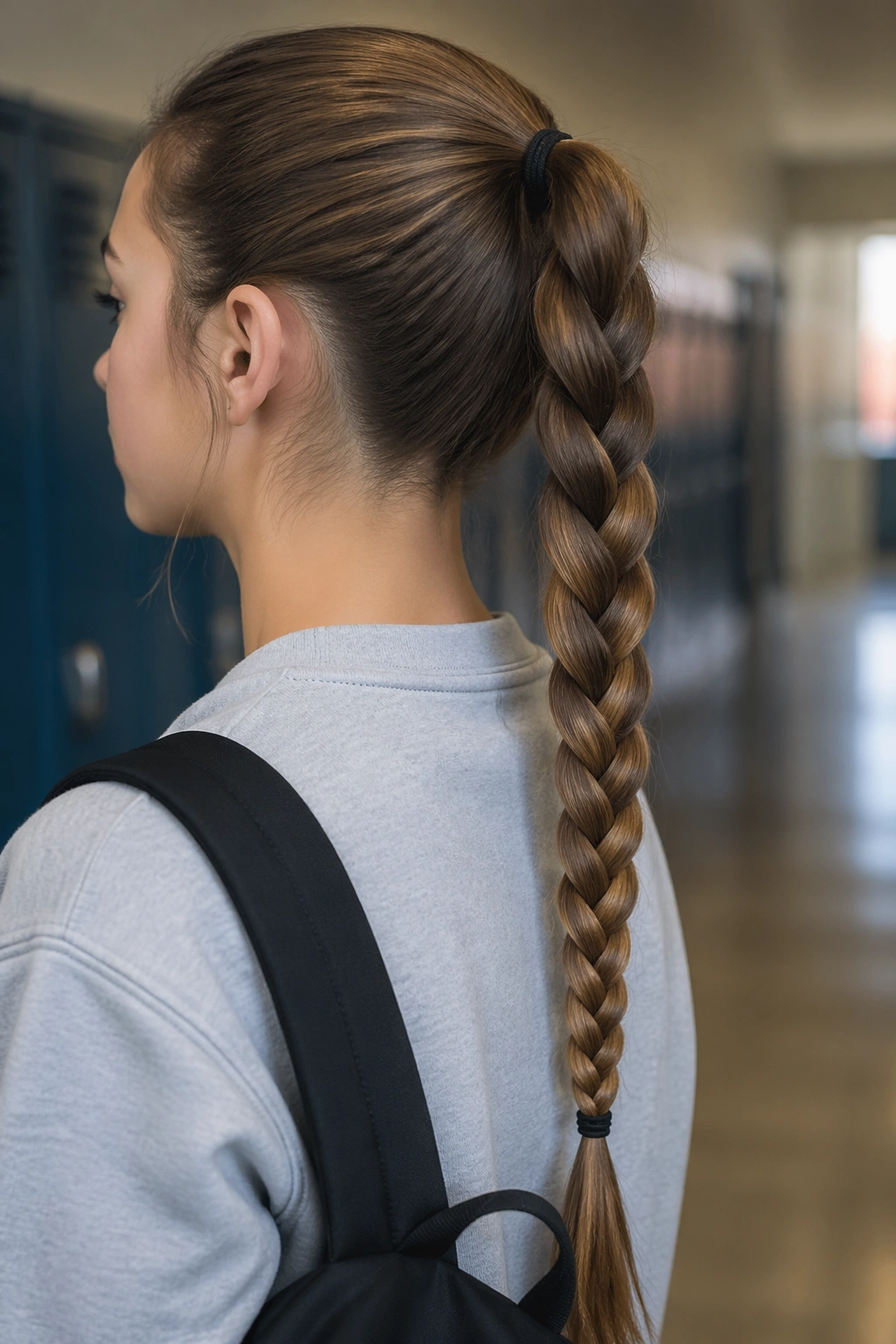 Teen with braided ponytail in hallway setting
