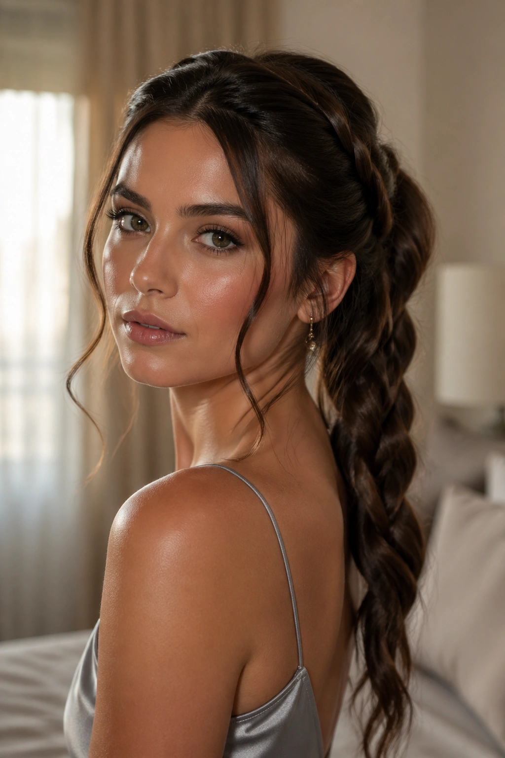 Braided Ponytail With Face-Framing Tendrils close-up of a real woman with tendrils framing the face