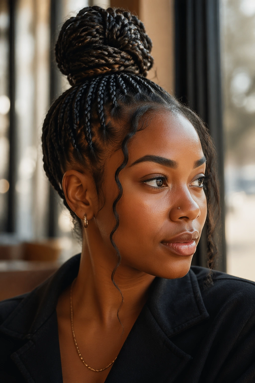 Close-up of a real Black woman with braided ponytail turned into a top knot