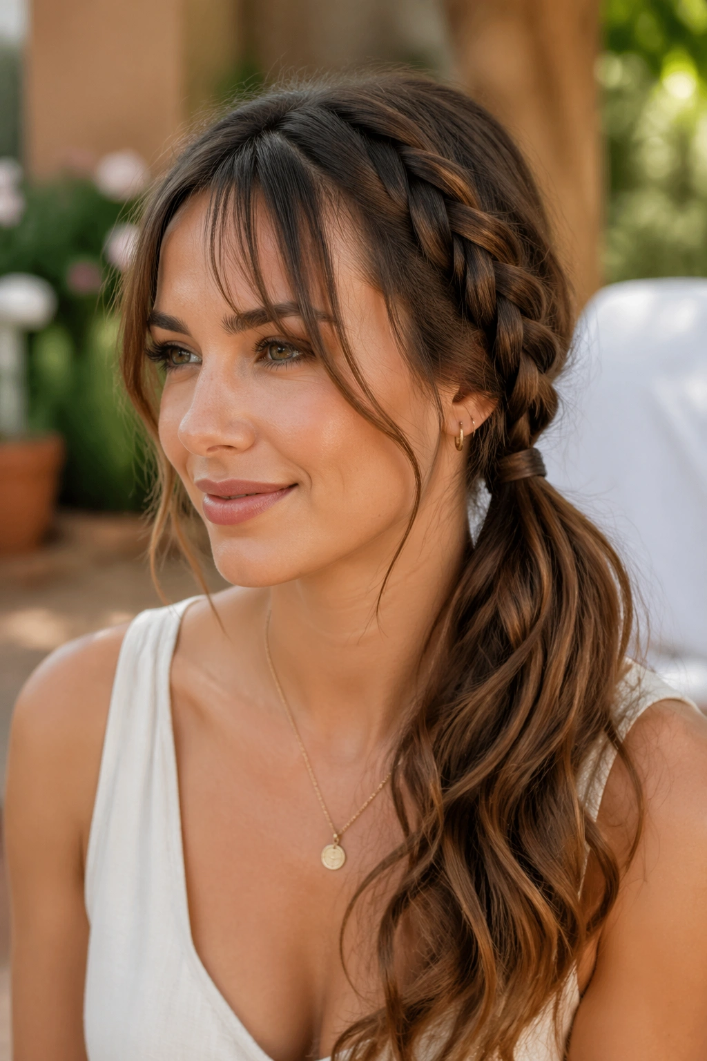 Close-up of a woman with a braided side ponytail and wispy bangs in a sunlit garden