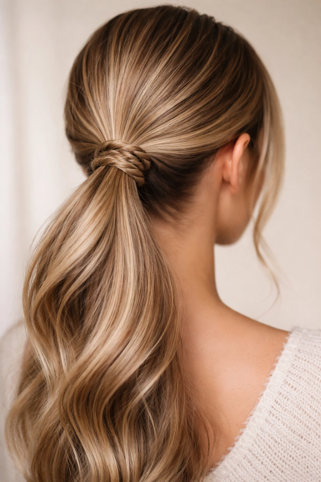 Close-up of a low ponytail with a slim braided wrap around the base, highlighting texture at the nape and concealed elastic