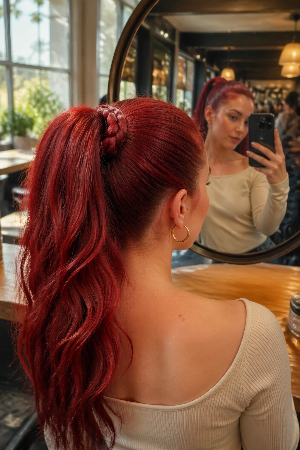 Scarlet braided wrap ponytail seen from over-the-shoulder in cafe.
