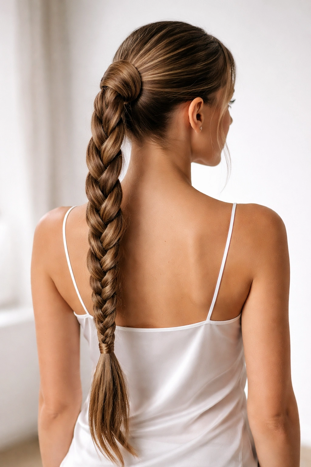 Full-length braided ponytail wrapped around the base for a neat look