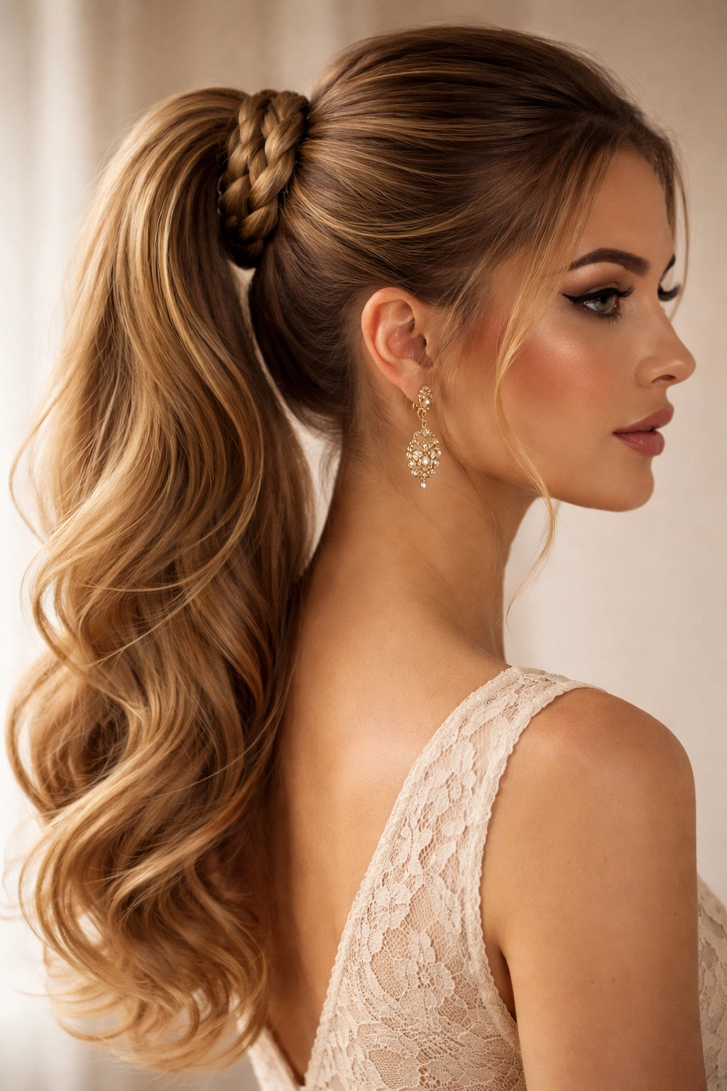 Ponytail base wrapped with a thick braid around the base.