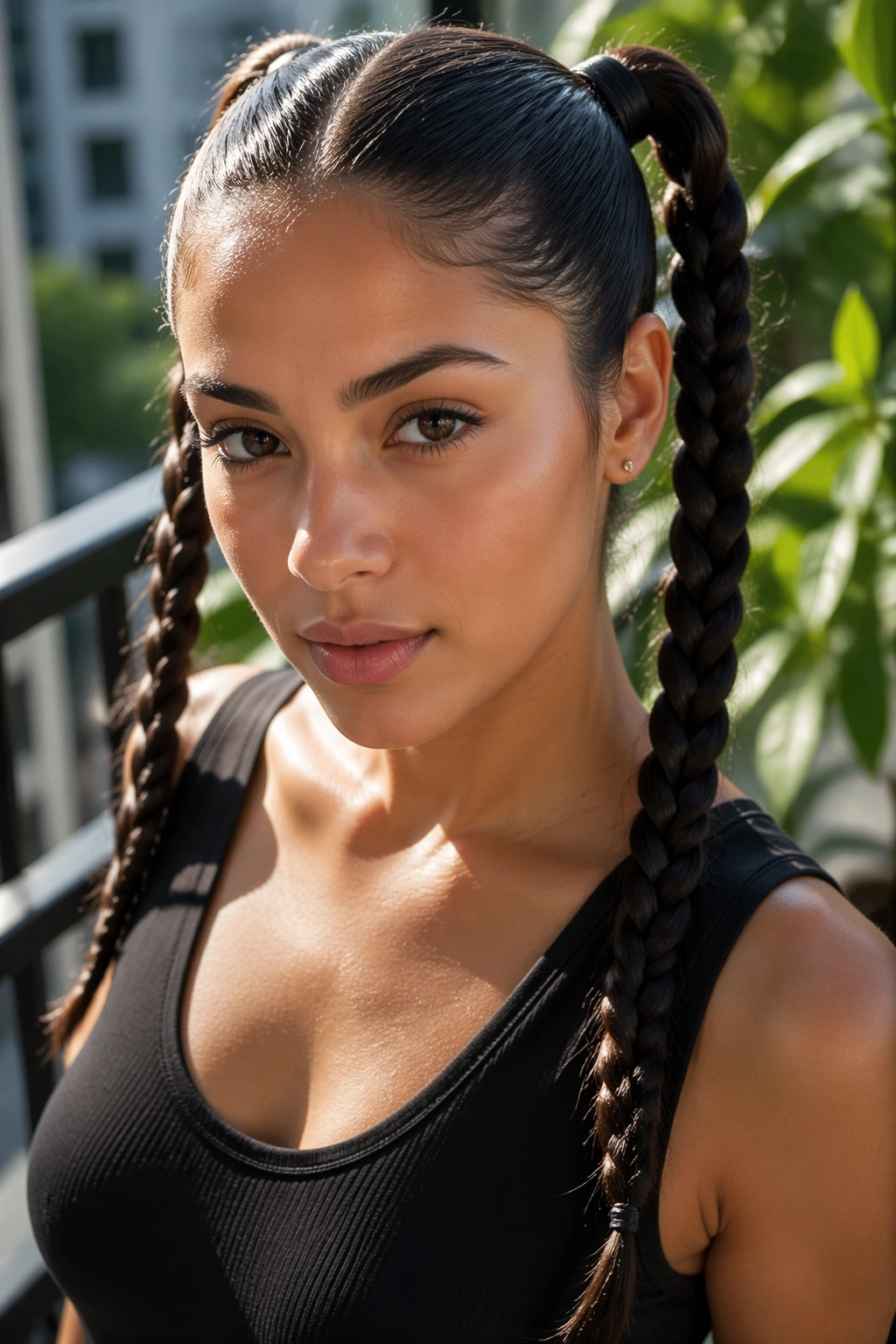 Close-up of a real woman with braided-length sleek double ponytails on a balcony.