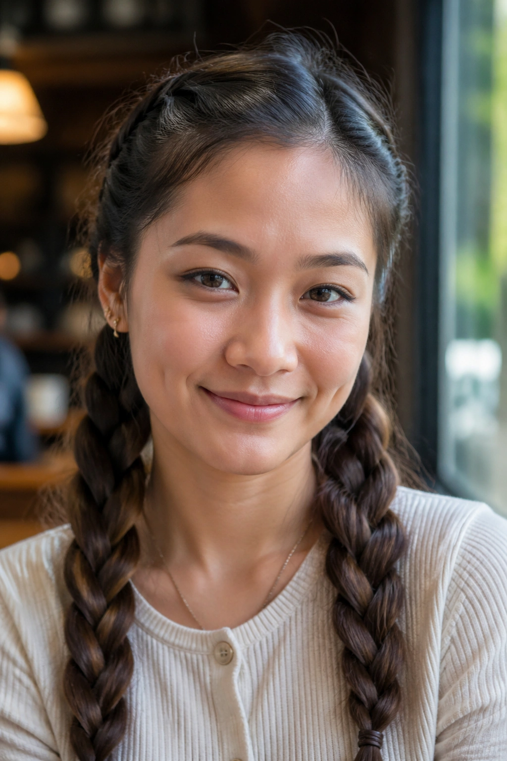 Close-up portrait of a woman with braided double ponytails