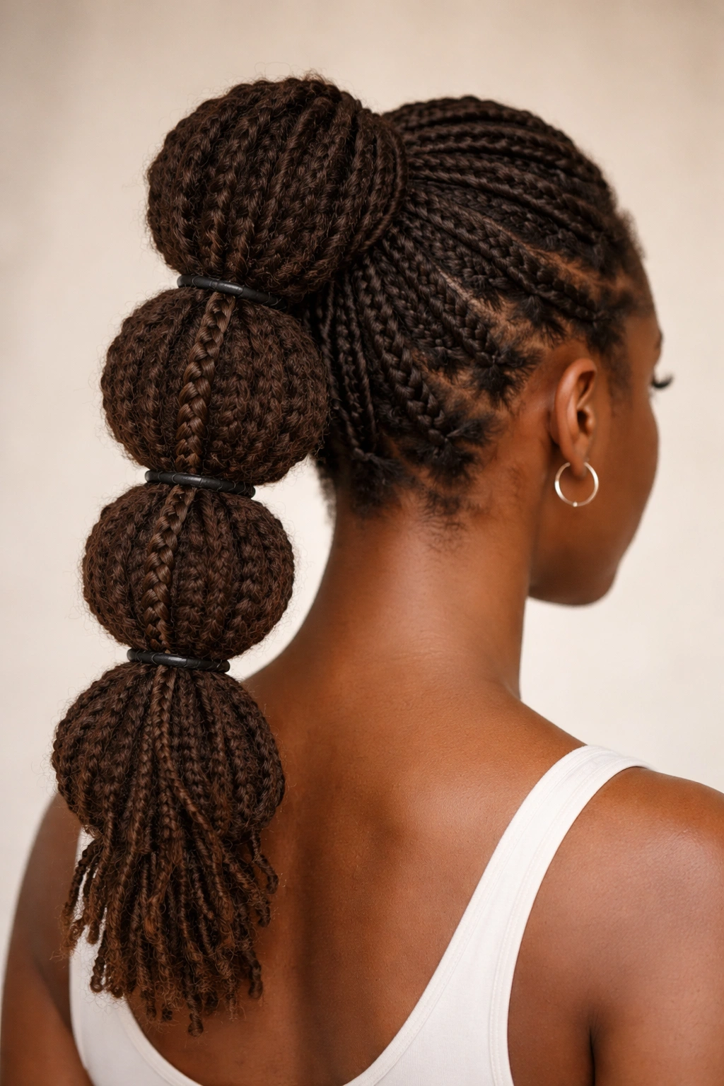 High ponytail with puffed loc sections secured by bands along the length