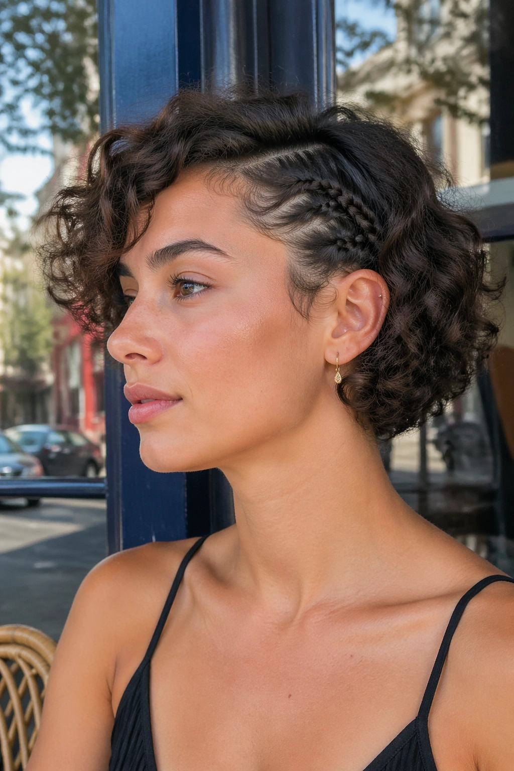 Close-up of a real person with a delicate braided side accent in short curls