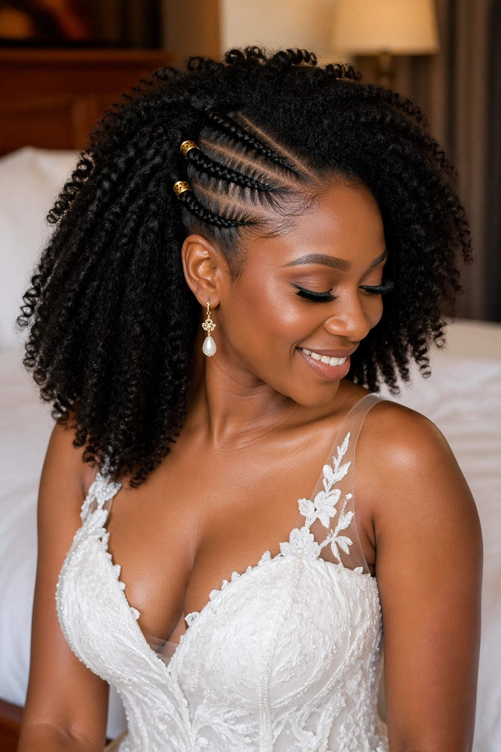 Close-up of a bride with braided side style and flowing natural hair