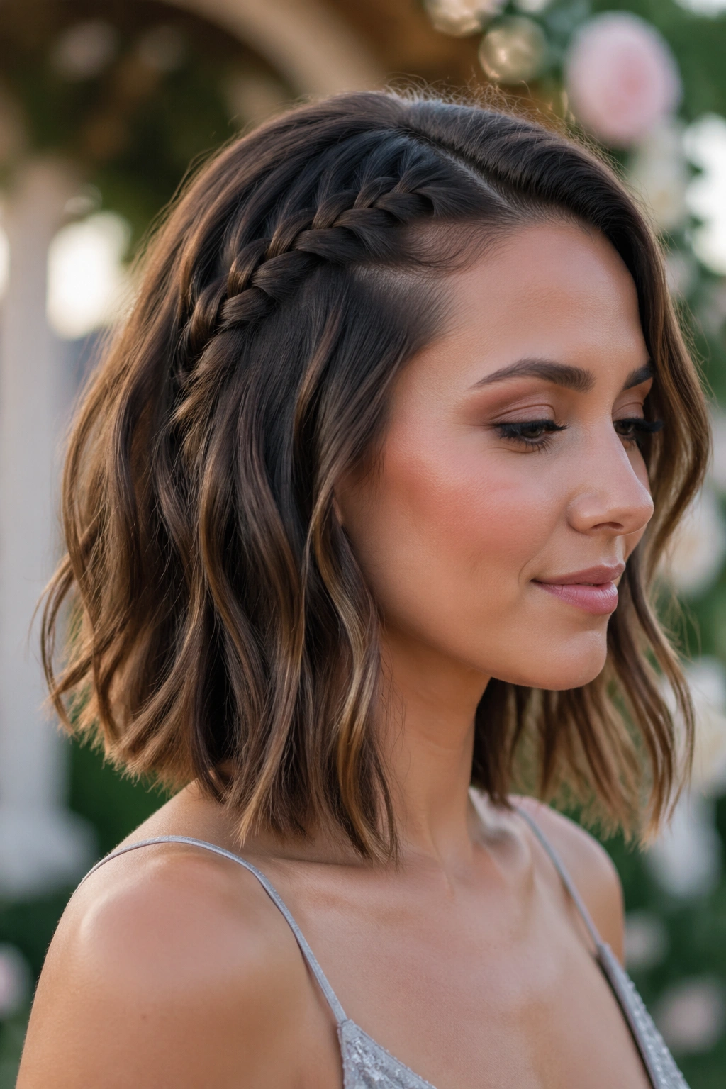 Close-up of real woman with braided side accent integrated into waves