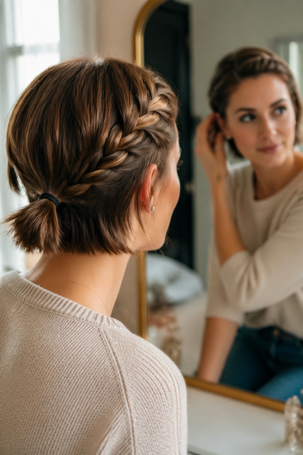 Braided side mini ponytail seen from mirror POV