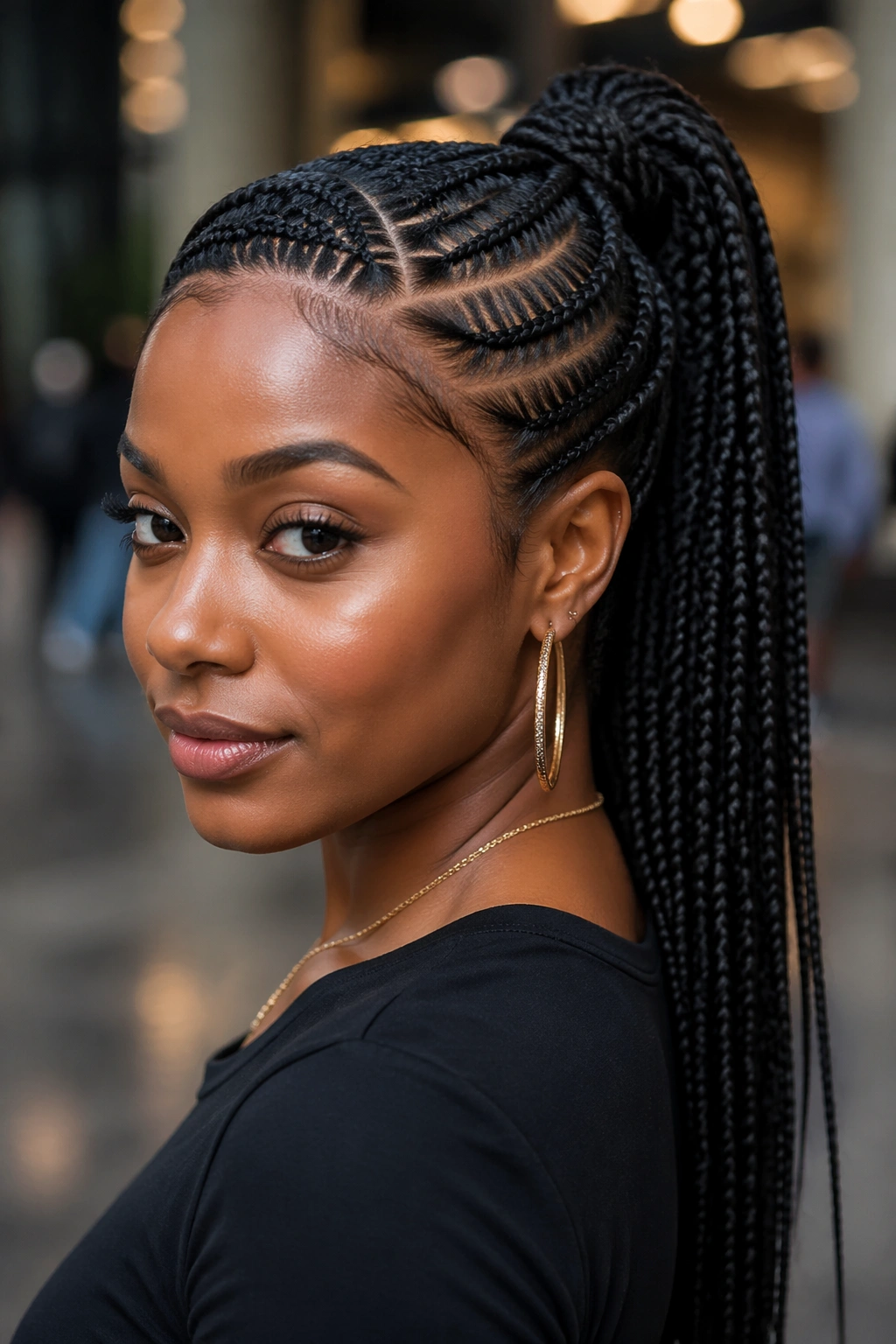 Real woman with braided side-part ponytail and wrapped base in urban indoor setting.
