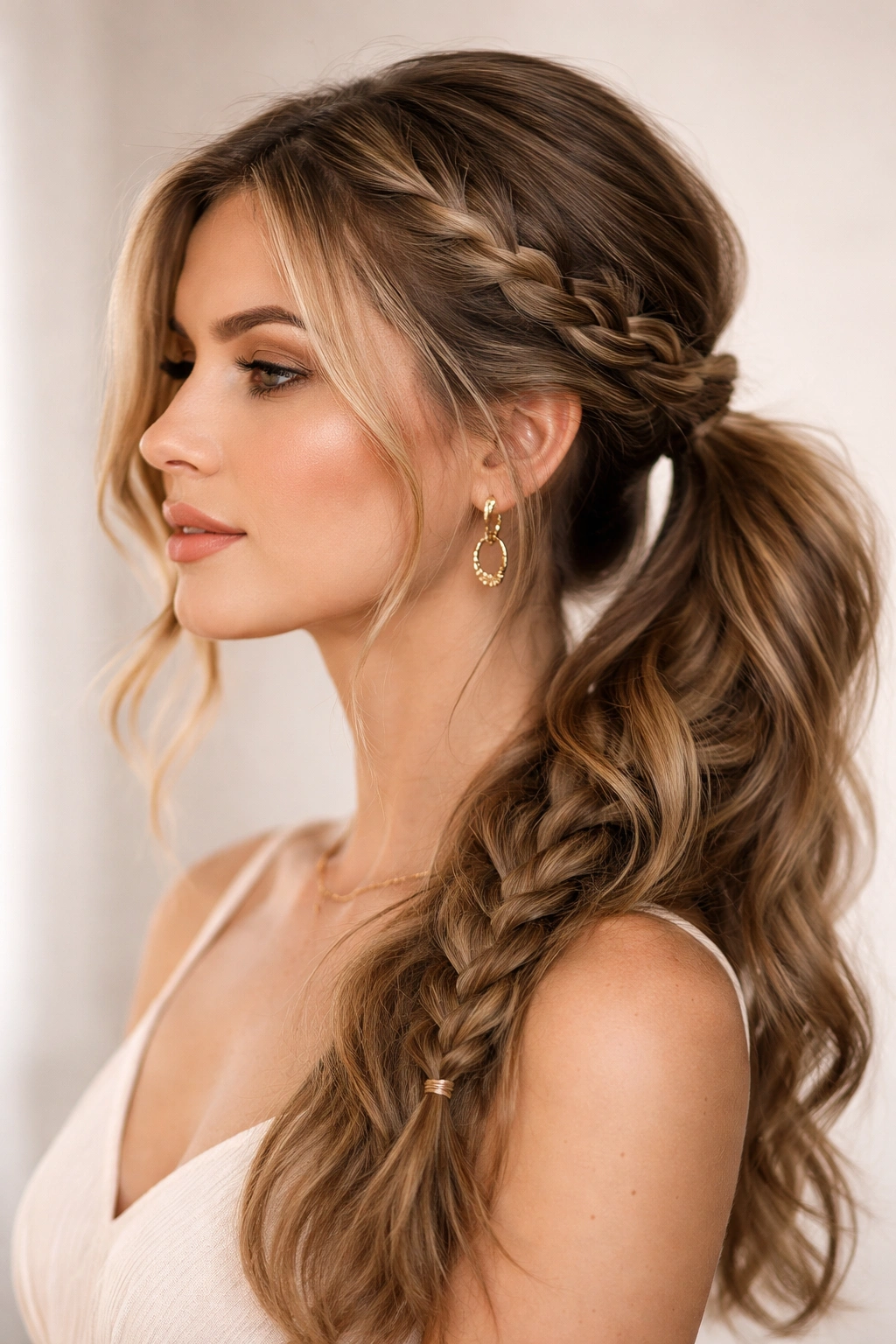 Braided side ponytail with a loose three-strand braid joining the ponytail