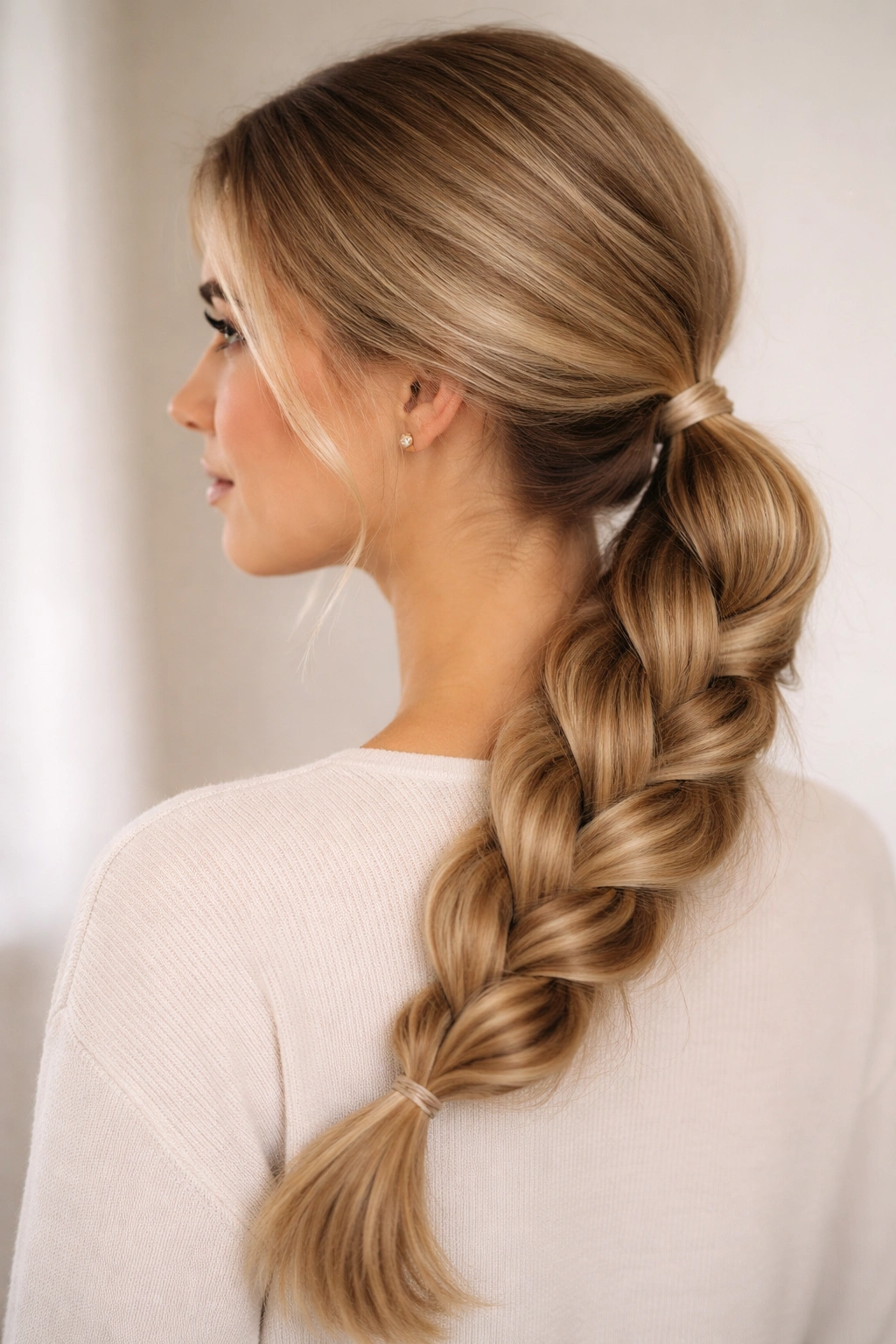 Side ponytail with a neat three-strand braid along the side.